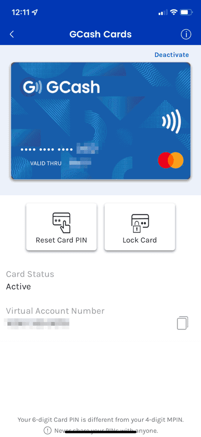 一度アクティベートしたカード情報は My Linked Accounts → GCash Card から確認できます。