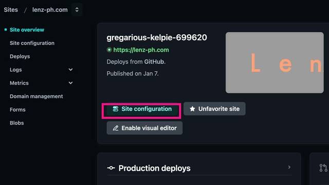 Netlify の対象のサイトに移動。Site configuration をクリック。