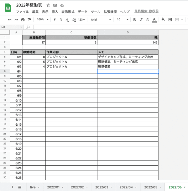 2022/01 ~ 2022/03というシートを作ります