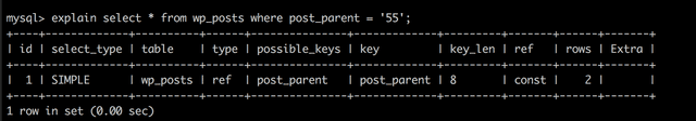 typeがref(where key = valueで検索された)になりpossible_keysとkeyがpost_parent、refがconstになる